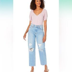 Madewell linen blend puff sleeve button wrap top light purple plaid XS